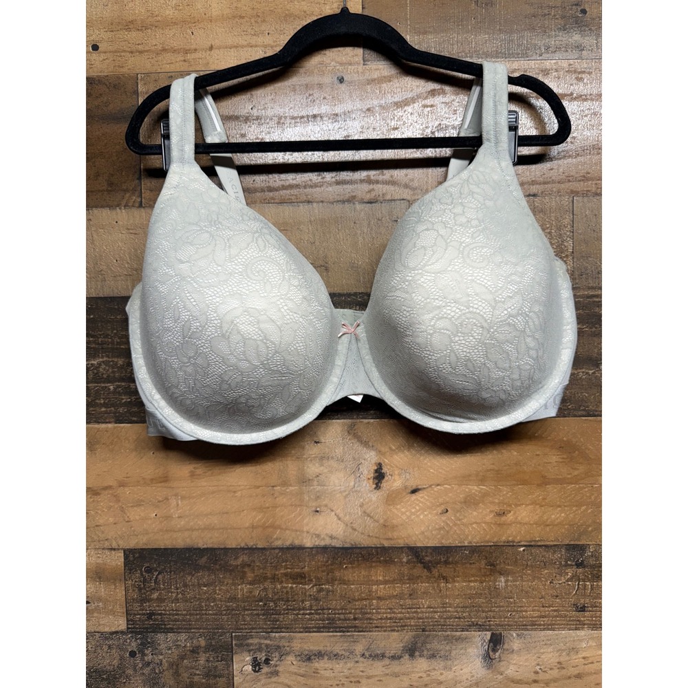 Cacique Lightly Lined T-Shirt Bra 44H Sage Green Floral Lace Underwire Logo Band